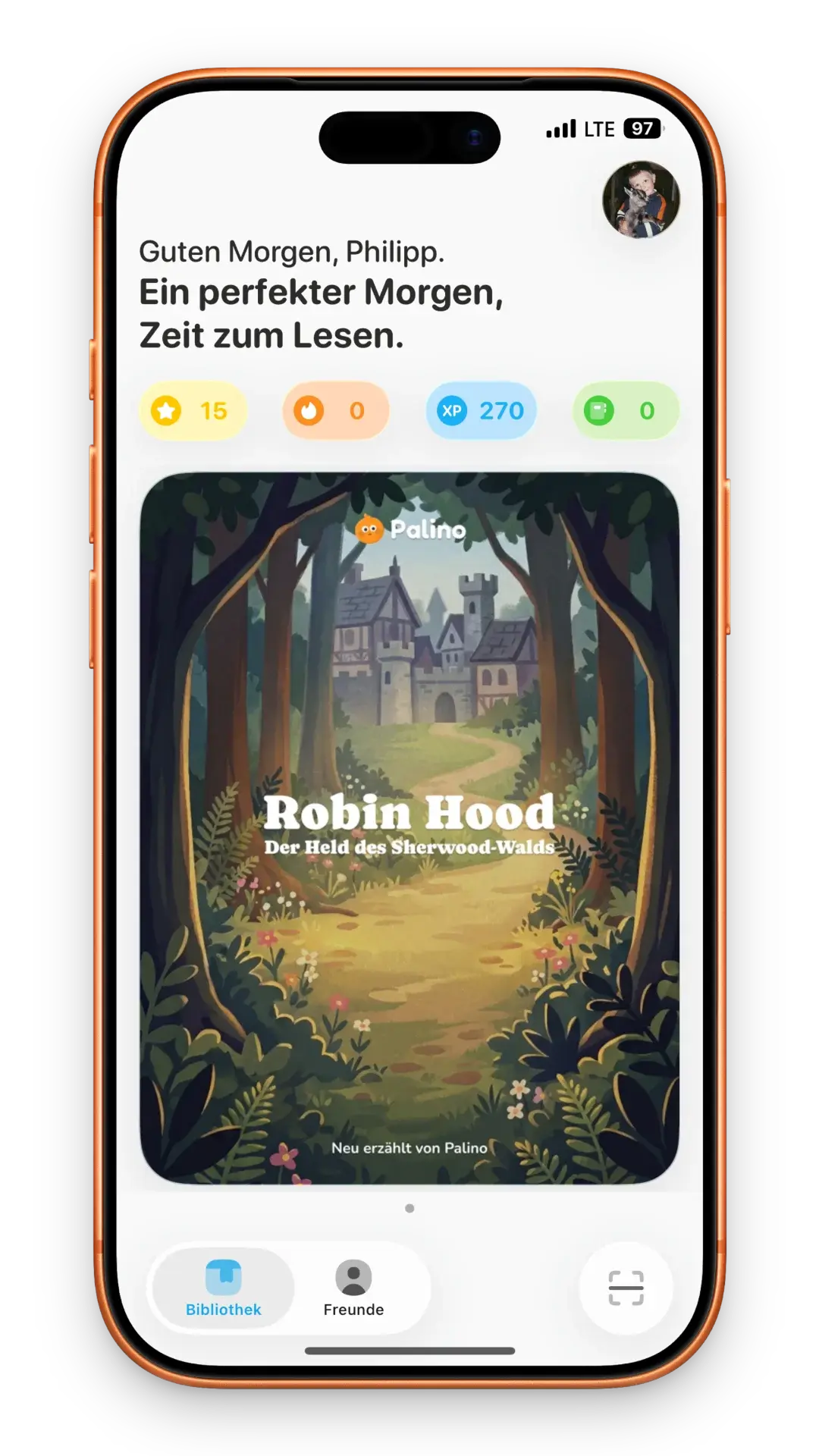 Palino-App auf einem Smartphone, die das Leseerlebnis zeigt